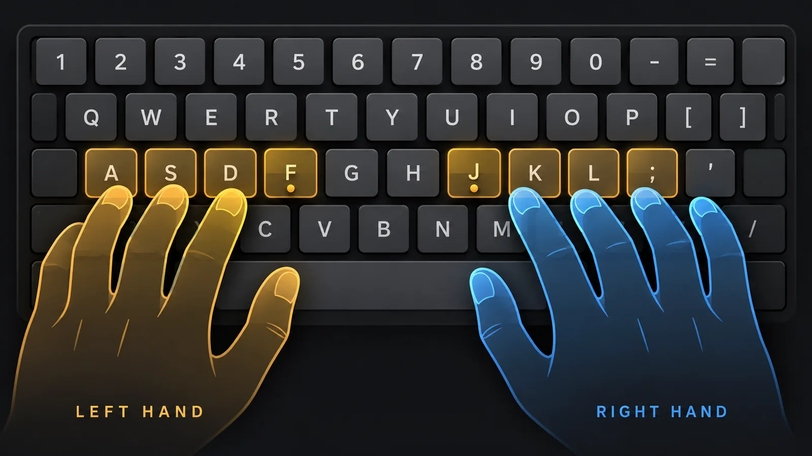 Left and right hand finger placement on the QWERTY home row, with the F and J key bumps highlighted