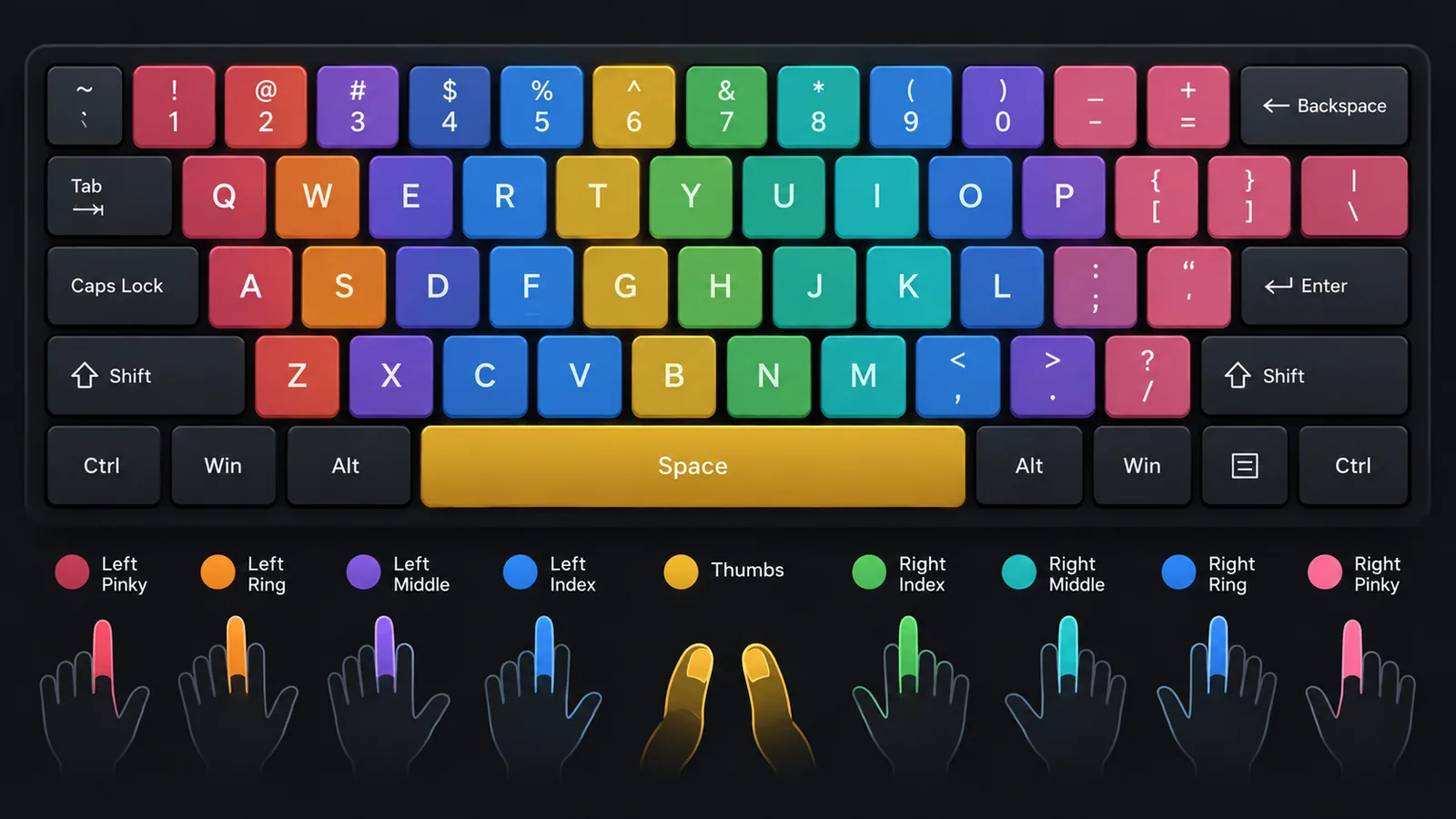 Full QWERTY keyboard color-coded by which finger is responsible for each key