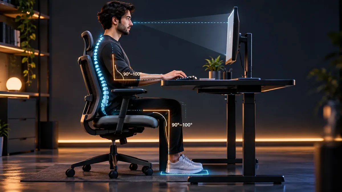 Ergonomic typing workstation diagram showing correct posture, 90-degree elbow angle, and eye-level monitor height