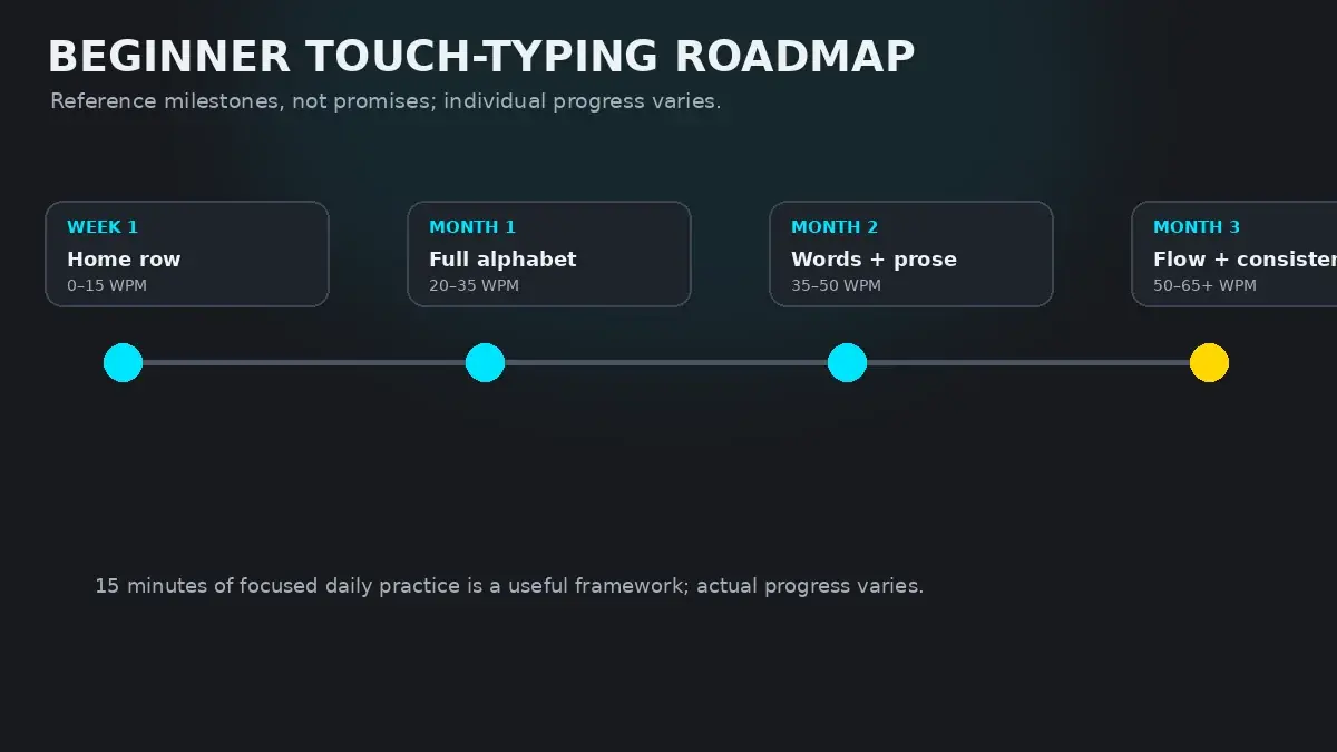 Four-month touch typing roadmap infographic showing milestone WPM targets and cognitive stages