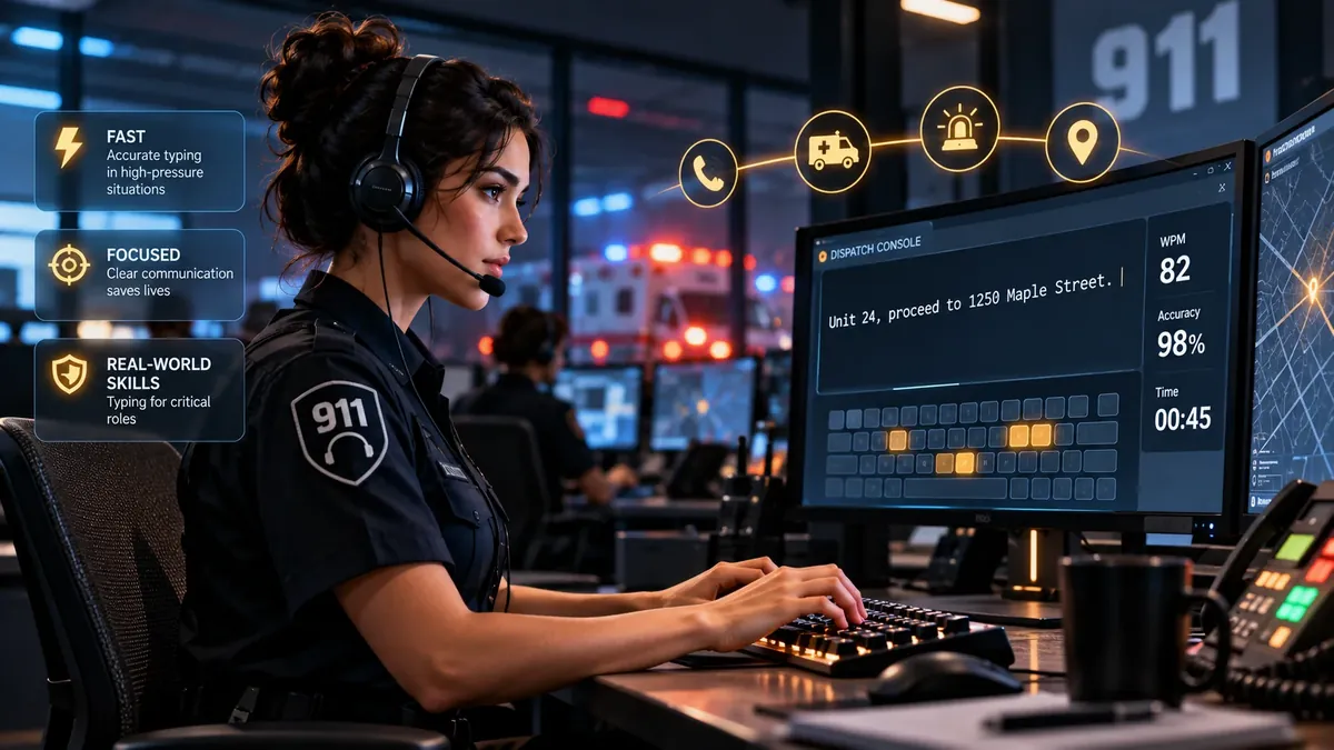 High-tech 911 emergency dispatch command workstation with multi-monitor CAD screens, radio console, and keyboard