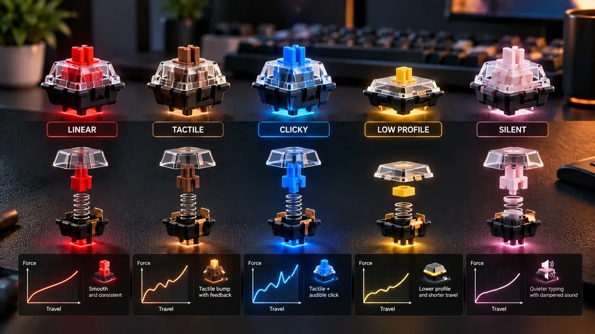 Cutaway mechanical keyboard switches showing linear, tactile, and clicky internal mechanisms with springs and stems