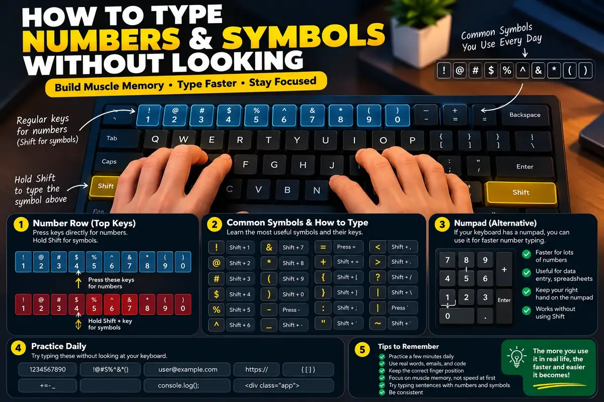 Top-down keyboard angle showing the number row with tactile reach vectors extending from F and J home keys to numbers and symbols