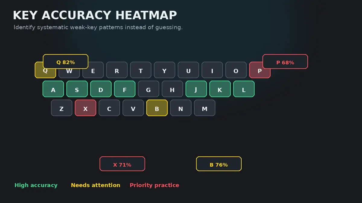 Keyboard diagnostic heatmap showing keys with low accuracy highlighted in amber and red against high-accuracy green keys