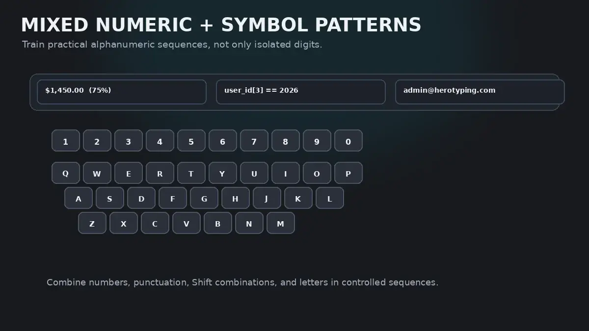 Mixed alphanumeric typing guide showing dual-Shift coordination for currency, brackets, and code syntax