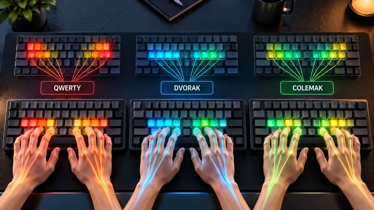 Comparative render of QWERTY, Dvorak, and Colemak keyboard layouts showing home row finger travel heatmaps