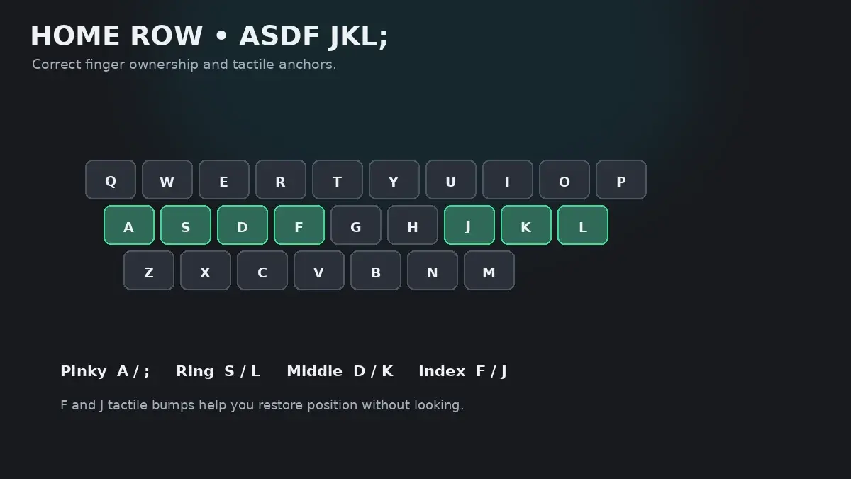 Home row finger placement diagram showing ASDF and JKL; keys with tactile nib anchors on F and J