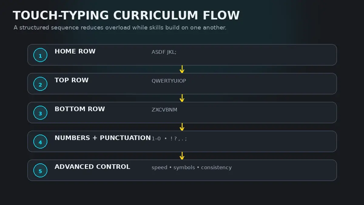 Touch typing curriculum progression flowchart showing Home Row, Top Row, Bottom Row, Numbers, and Speed Endurance
