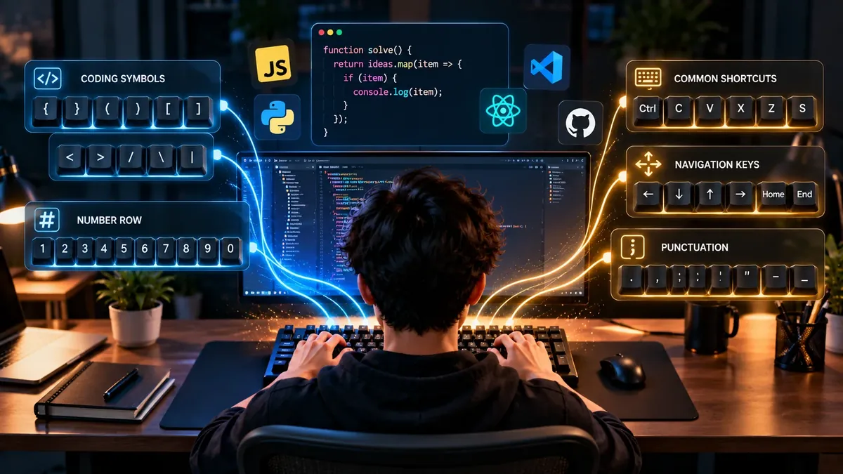 Minimalist programmer workstation with split ergonomic keyboard and glowing coding symbols like braces, brackets, and arrows