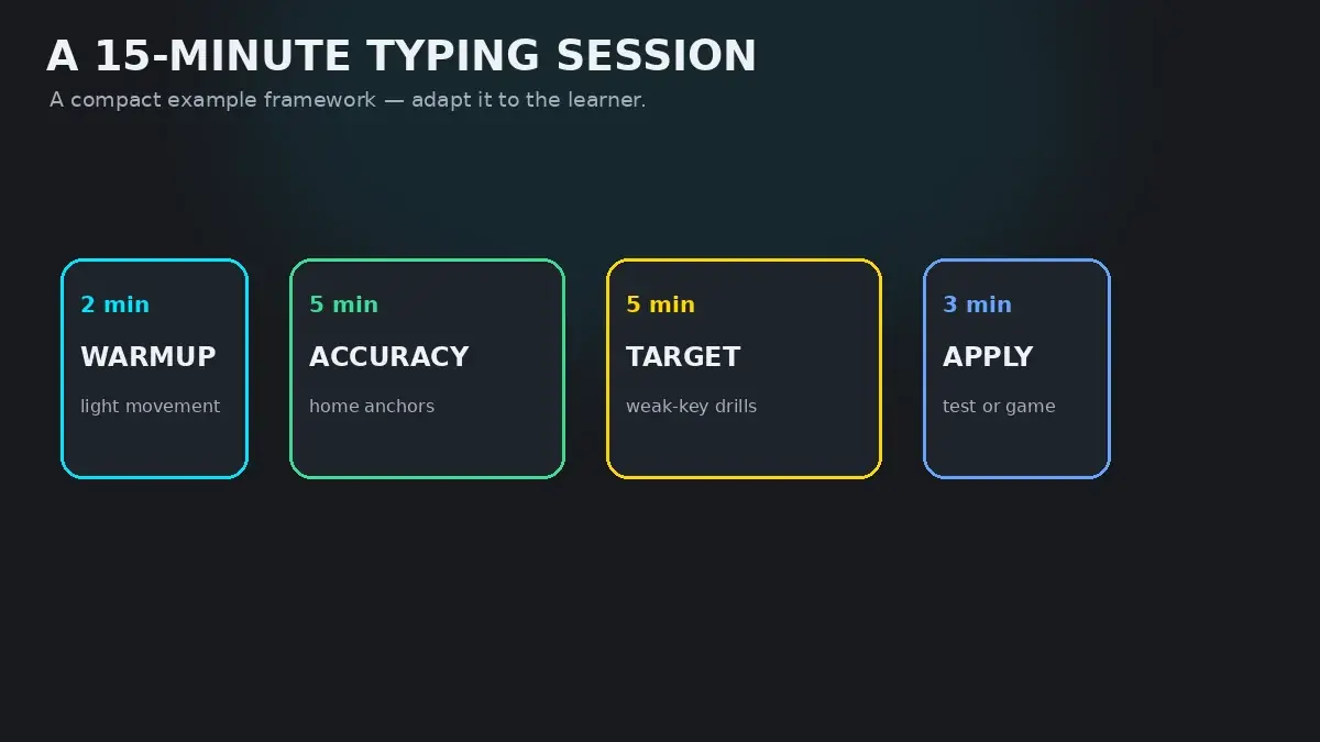 Four-phase workout template for a 15-minute typing session: Warmup, Curriculum, Remediation, and Cooldown