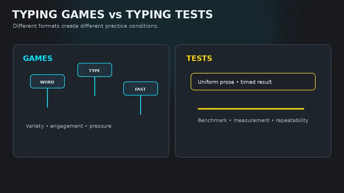 Diagram comparing dynamic reflex training in arcade typing games with linear cadence in standard typing tests