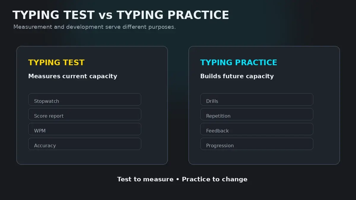 Side-by-side comparison diagram illustrating the difference between evaluative testing and deliberate skill practice