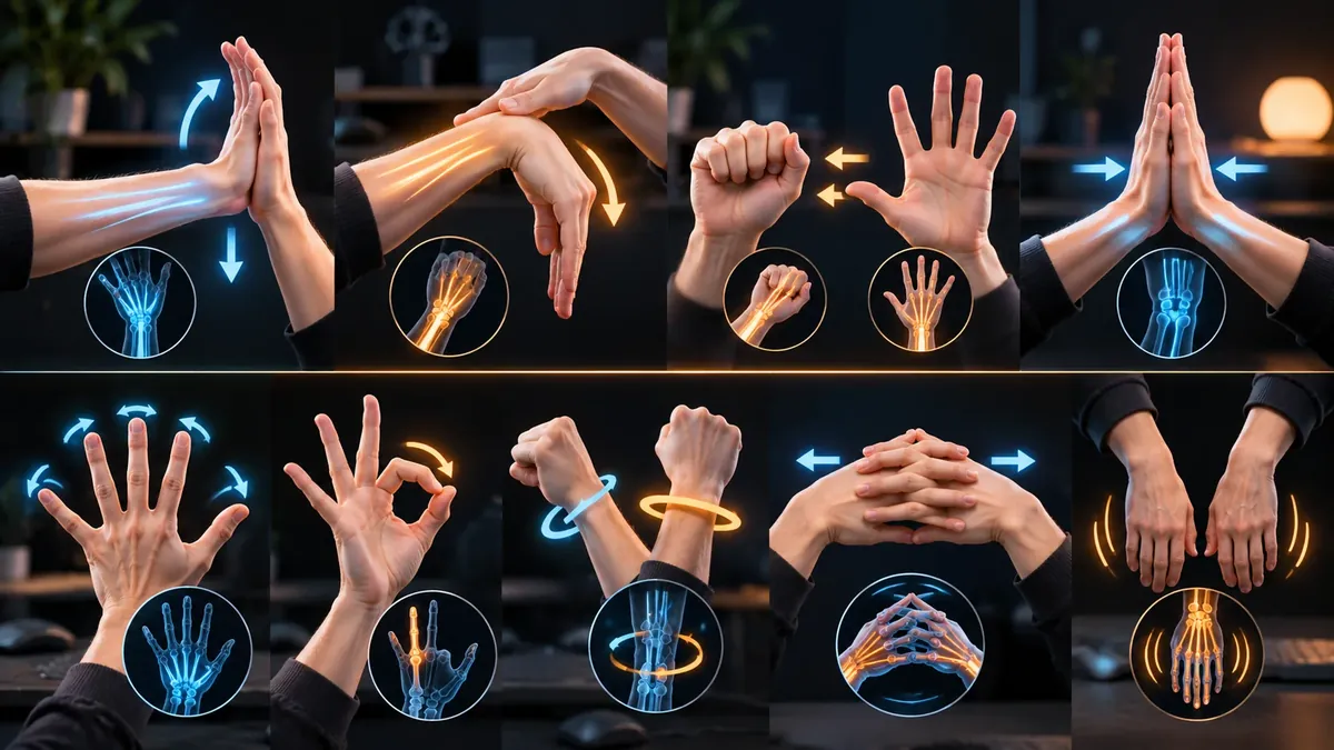 Diagram illustrating typing hand warmups, wrist mobility stretches, and carpal tendon gliding exercises