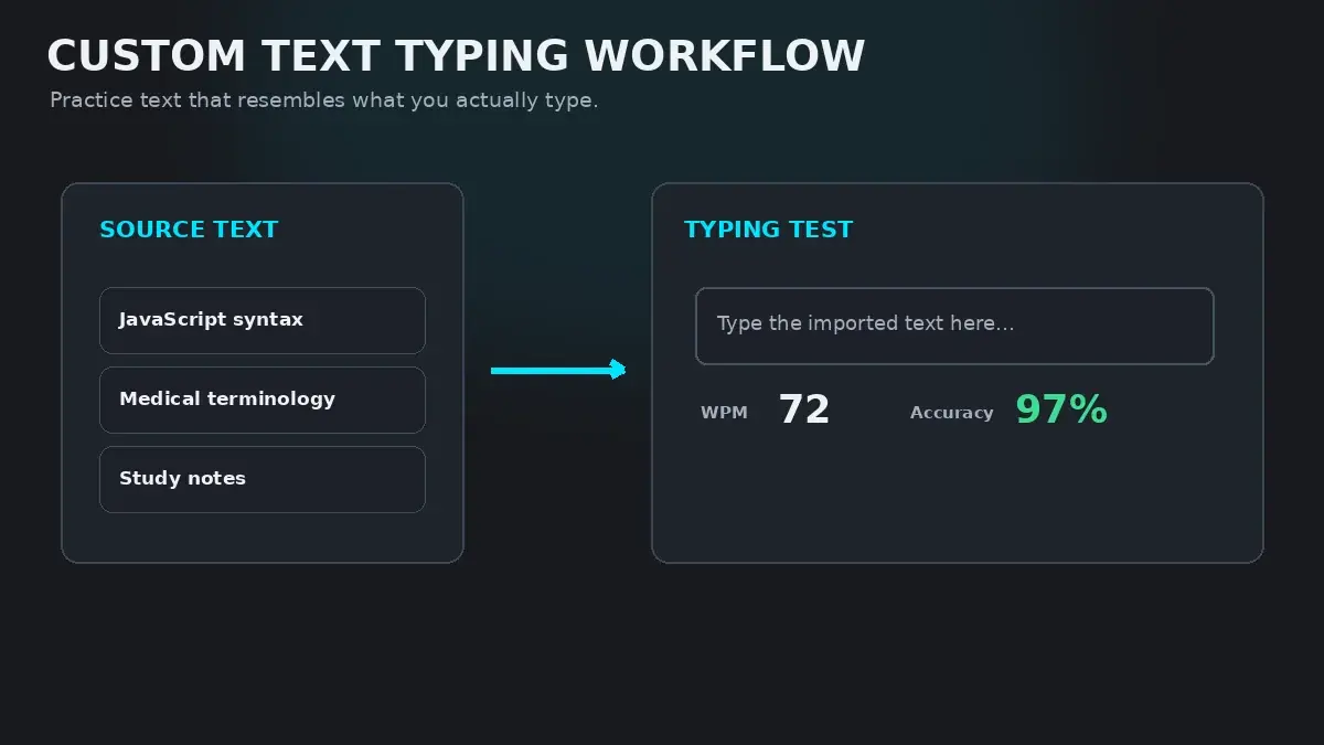 Custom text typing workflow showing pasting code, legal briefs, and medical terms into HeroTyping