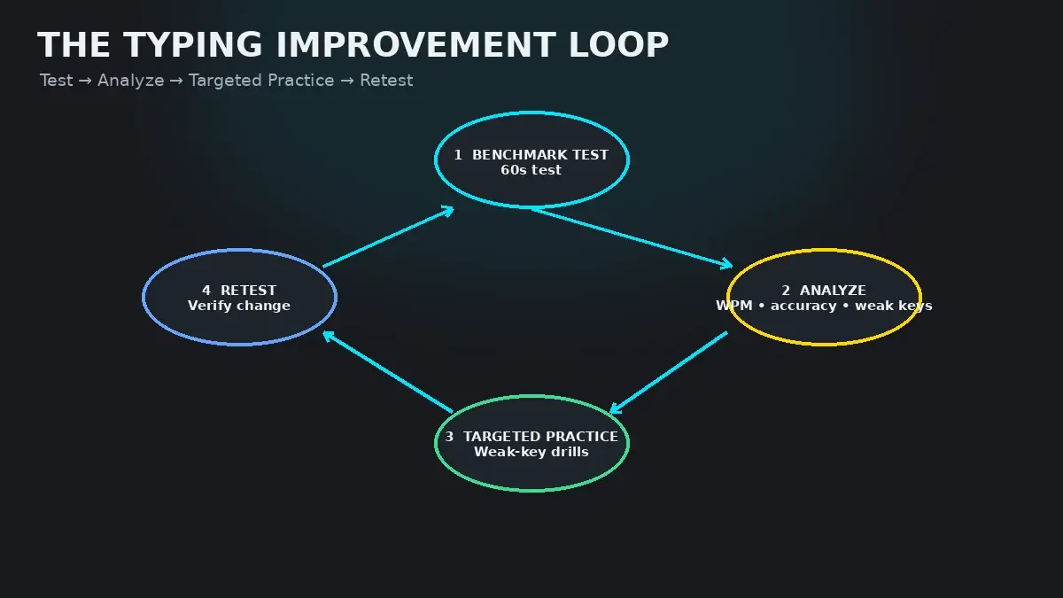 Four-step diagnostic improvement loop converting typing test telemetry into targeted practice drills